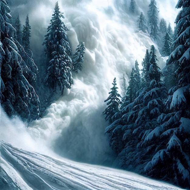 Snow avalanche landscape epic snowslide in winter snowy forest