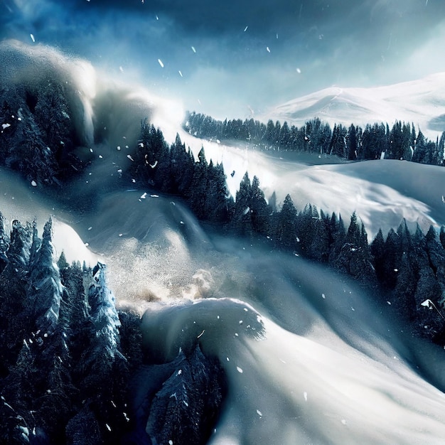 Snow avalanche landscape epic snowslide in winter snowy forest