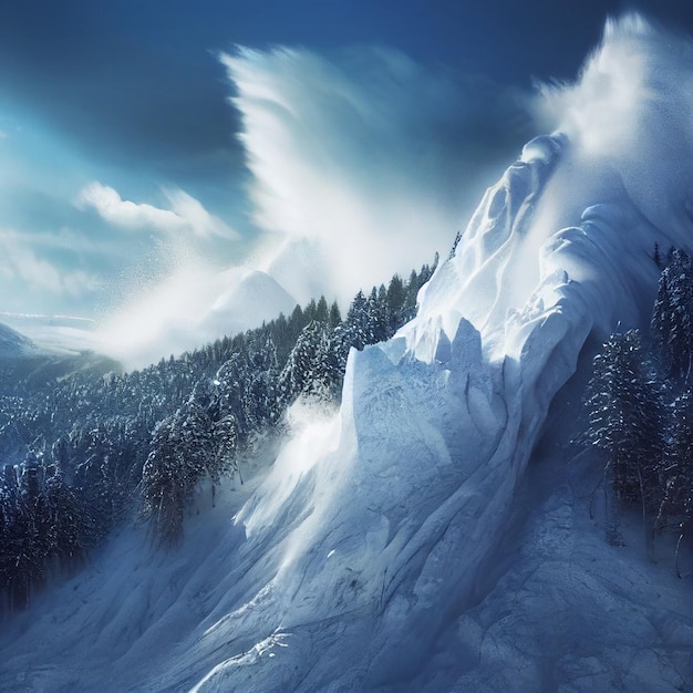 Snow avalanche landscape epic snowslide in winter snowy forest