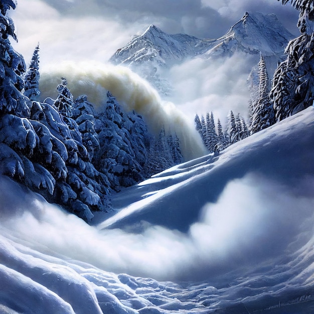 Snow avalanche landscape epic snowslide in winter snowy forest