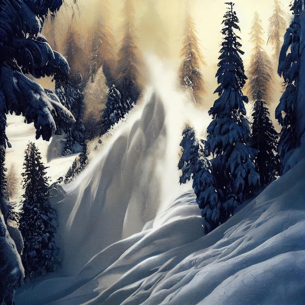 Snow avalanche landscape epic snowslide in winter snowy forest