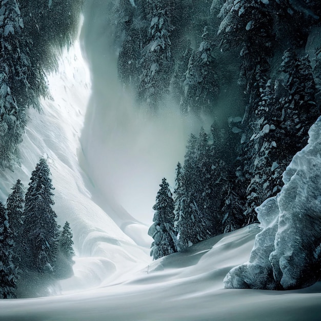 Snow avalanche landscape epic snowslide in winter snowy forest