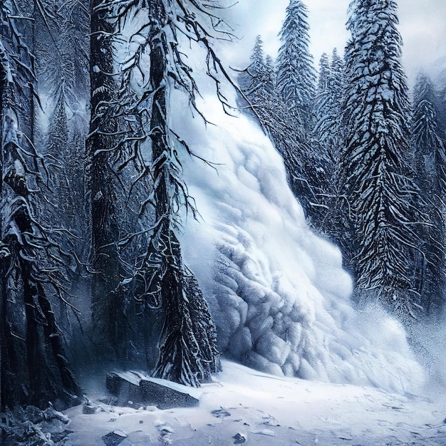 Snow avalanche landscape epic snowslide in winter snowy forest