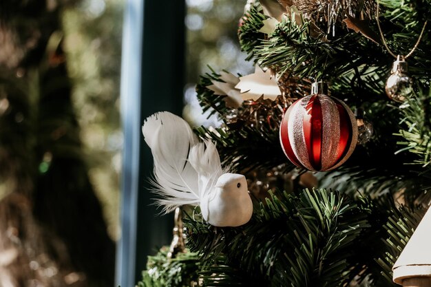 snow, backdrop, background, ball, bauble, blur, blurred, branch, bright, card, celebrate