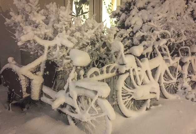 Snow on bikes in front of a house