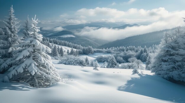 Snow blankets the mountainous terrain creating a tranquil winter wonderland amidst towering peaks