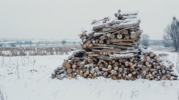 Photo snow blankets a pile of cut logs in a serene winter landscape reflecting tranquility nature and the beauty of a snowy countryside