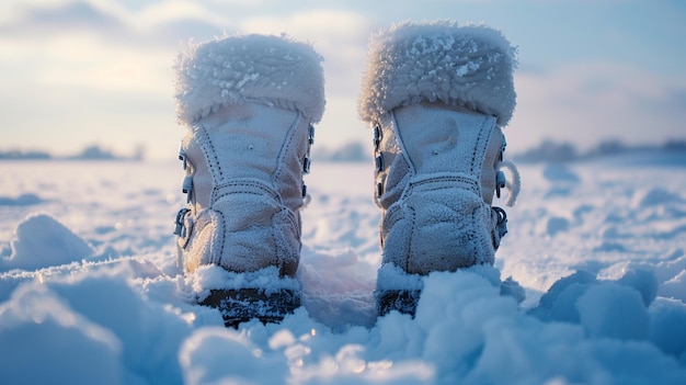 Photo snow boots in winter landscape cozy and warm footwear image