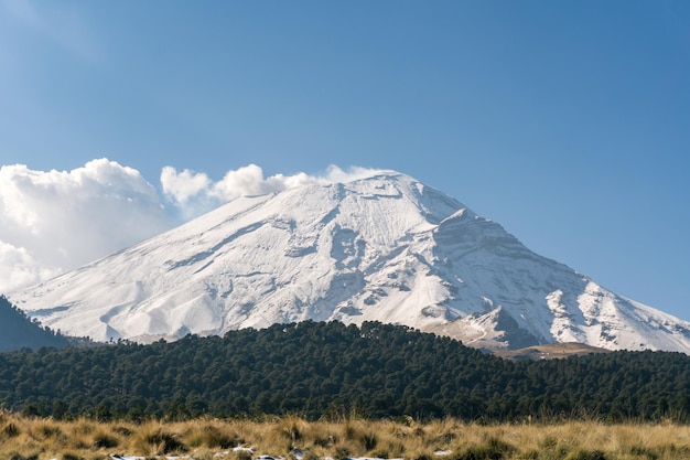 Snow capped popocatepetl volcano with blue sky