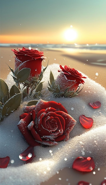 A snow covered beach with red roses and water drops.