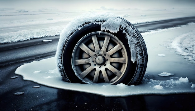 A snow covered car tire on the road