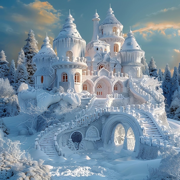 a snow covered castle with a staircase and a bridge in the background