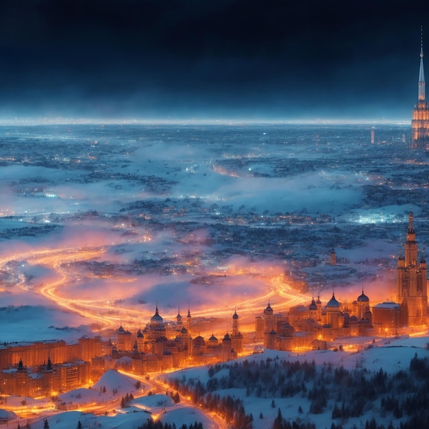 snow covered city glowing with lights at night view from above