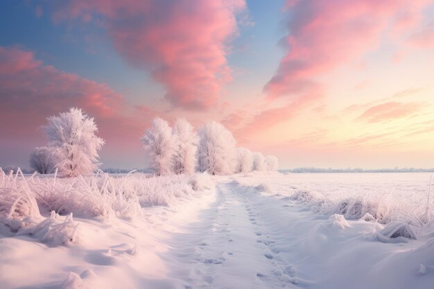 a snow covered field with a path leading to trees