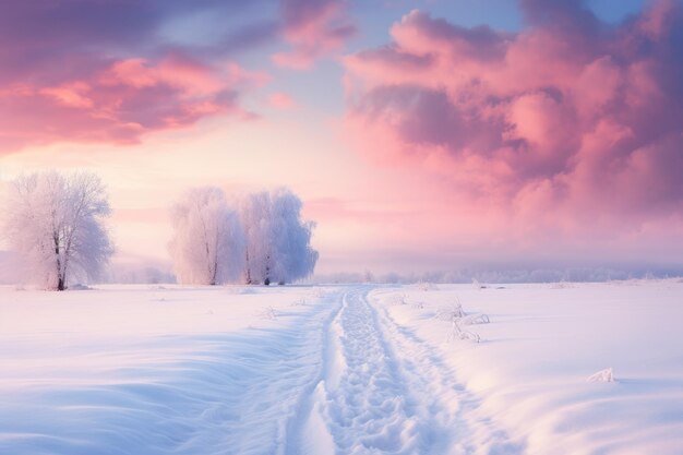 a snow covered field with trees and clouds in the background