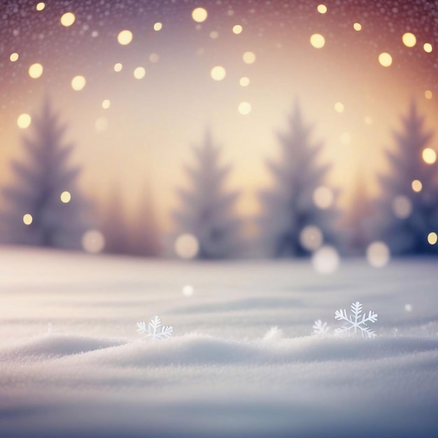 a snow covered field with trees and a snowflake in the background