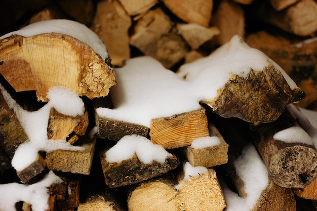 Snow covered firewood Stack of wood cut Snow on the timber stack Wooden log store under snow