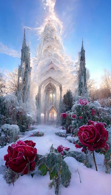 Snow covered garden with red roses in the foreground generative ai