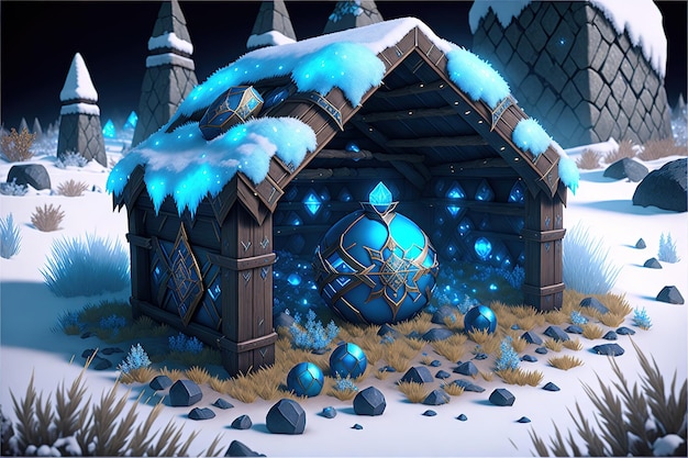 A snow covered house with a blue ball inside.