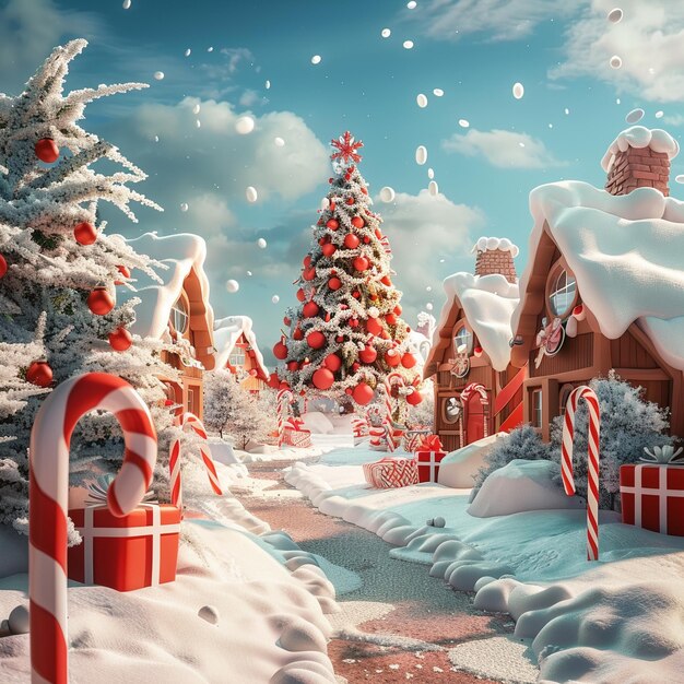 a snow covered house with a red santa claus on the top