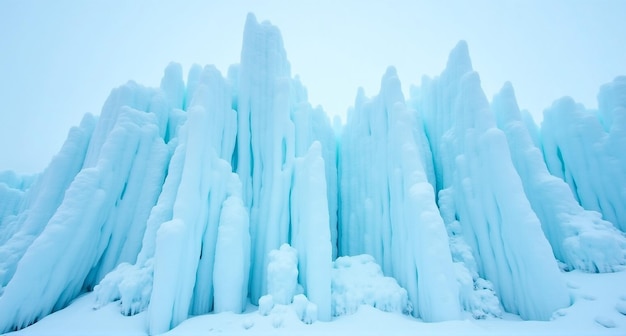 a snow covered ice formation with icebergs in the background