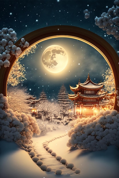 Snow covered landscape with a gate and a full moon generative ai