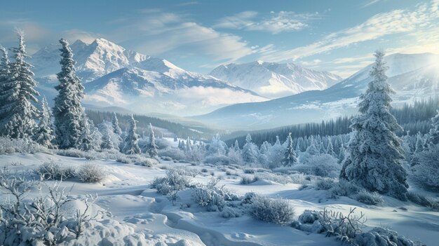 a snow covered landscape with mountains in the background