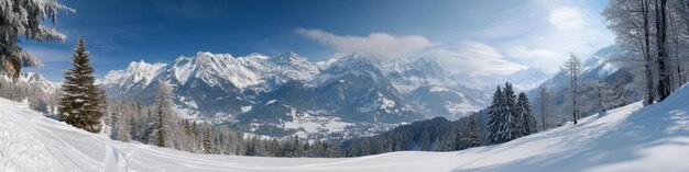 Photo snow covered landscape with mountains trees blue sky winter scenic panorama nature beauty aerial view snowy crisp white winter wonderland concept