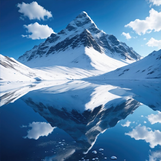 Snow covered mountain blue sky with reflection in lack Stunning Photorealistic Landscape