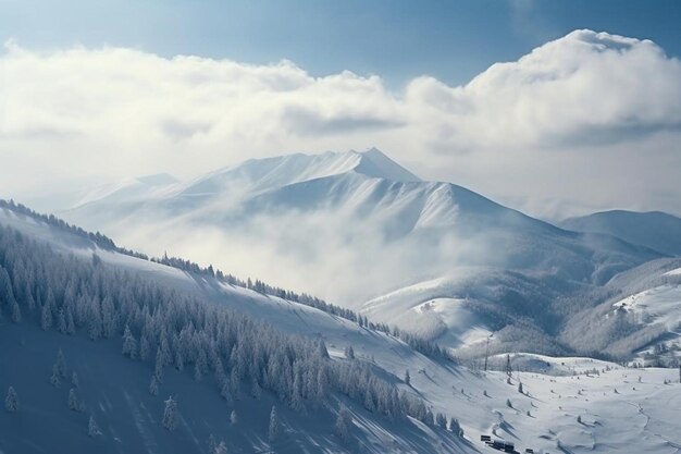 Photo snow covered mountain slopes with mist background