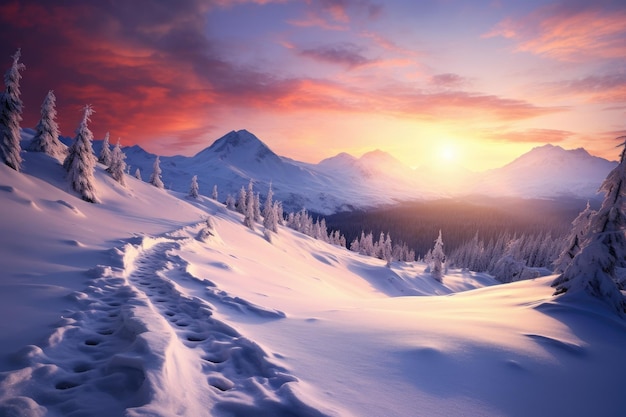 a snow covered mountain with a sunset in the background