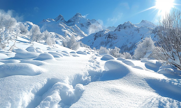 snow covered mountains in the background