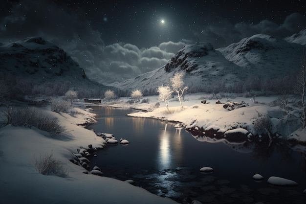 snow covered mountains with a river at night