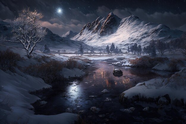 snow covered mountains with a river at night