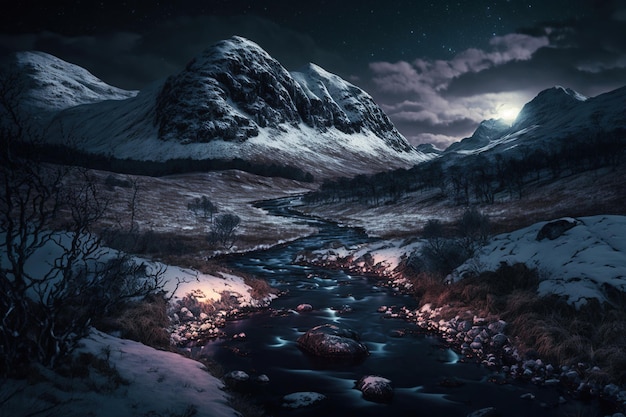 snow covered mountains with a river at night