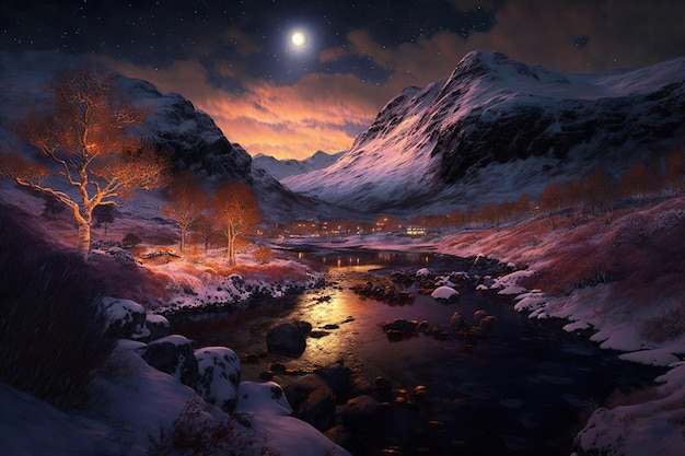 snow covered mountains with a river at night