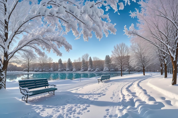 Snow covered park in the winter