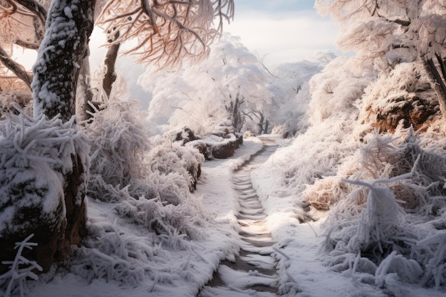 a snow covered path through a forest with lots of trees