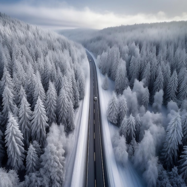 Snow covered Pine Trees Along Highway Generative AI