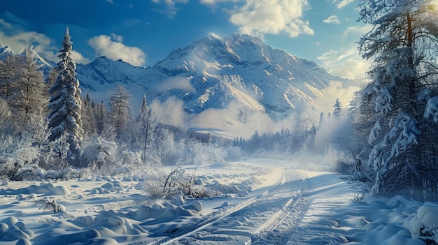 snow covered road in front of a mountain