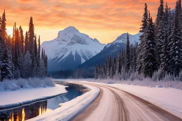 a snow covered road in the middle of a forest