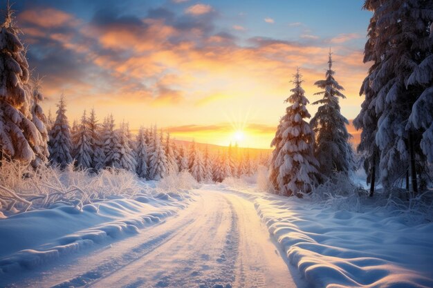 a snow covered road in the middle of a forest