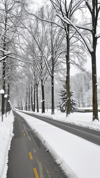 a snow covered road with a tree lined street