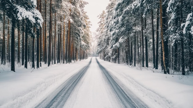 Photo a snow covered road with trees in the background