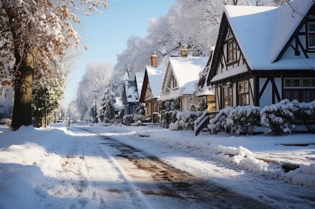 Snow covered street in the suburbs in winter on New Year's Eve