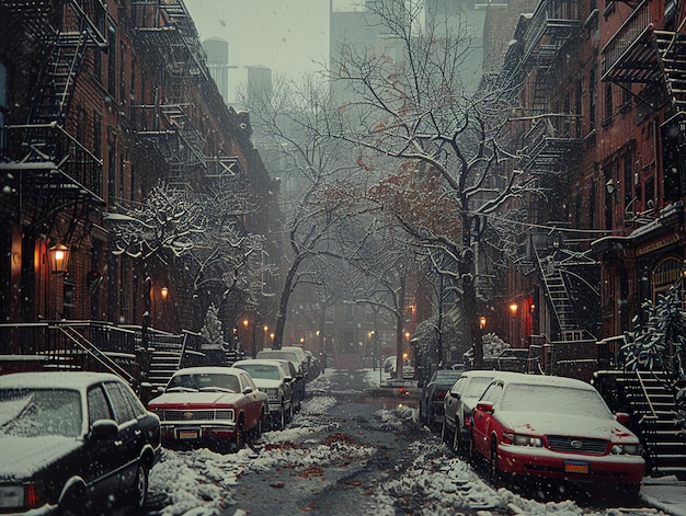 a snow covered street with cars and a red car parked on the street