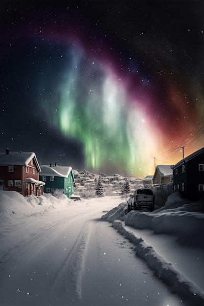 Snow covered street with houses and aurora lights in the sky generative ai