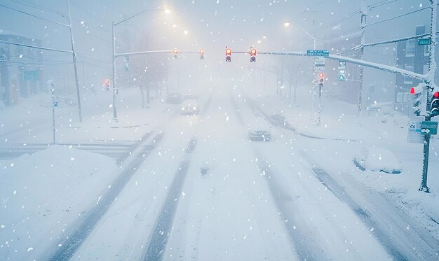 Photo a snow covered street with a stop light and a sign that says  snow