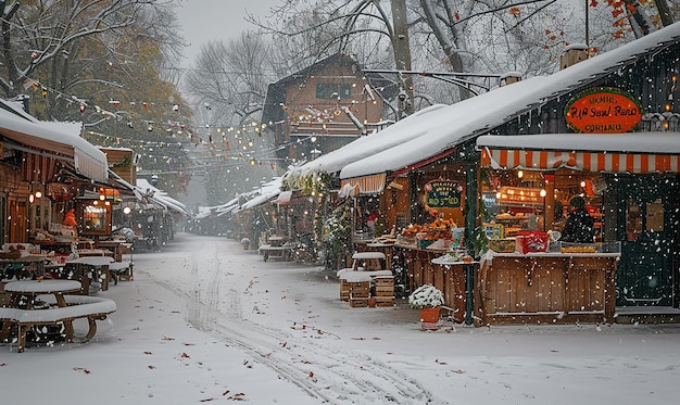 a snow covered street with a store called quot fresh fruit quot