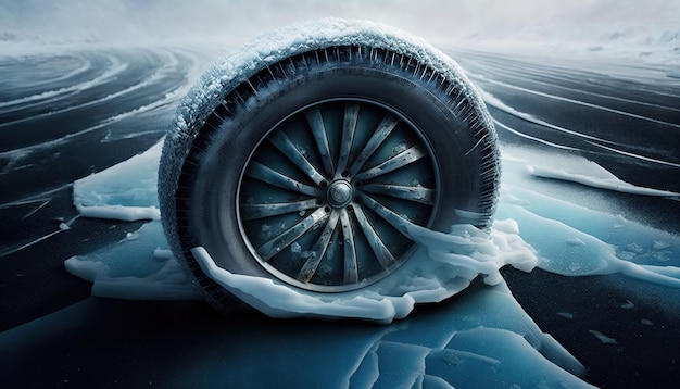 A snow covered tire that has been covered in ice.